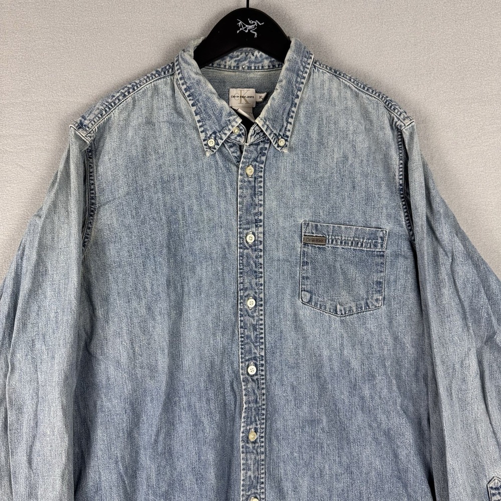 Vintage Calvin Klein‎ Shirt Denim Button Up Blue Long Sleeve Mens XL 90s Utility